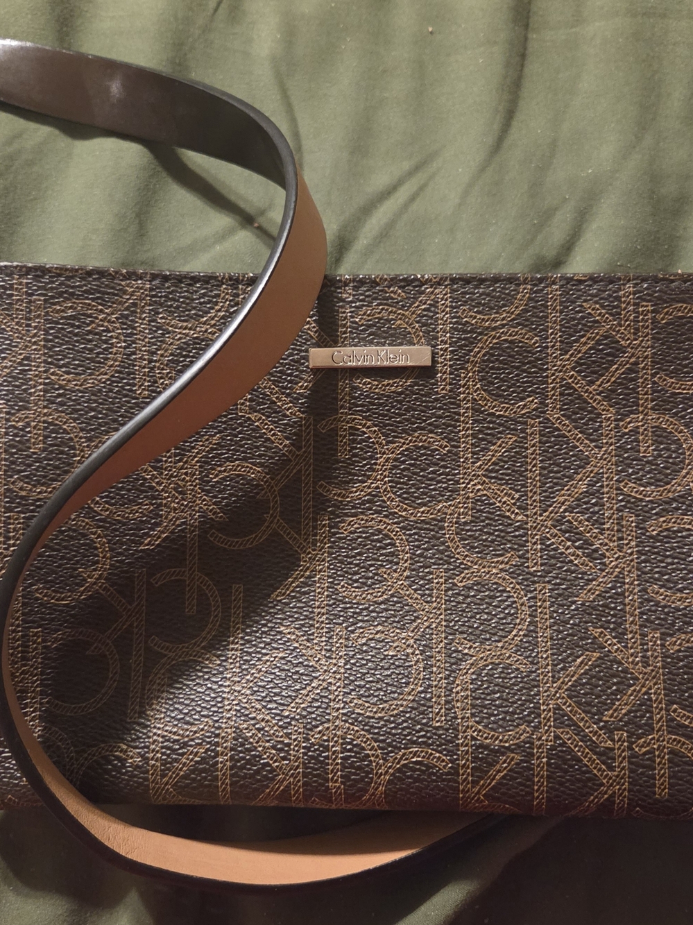 Calvin Klein Brown Monogram Mini Crossbody with Tan Strap